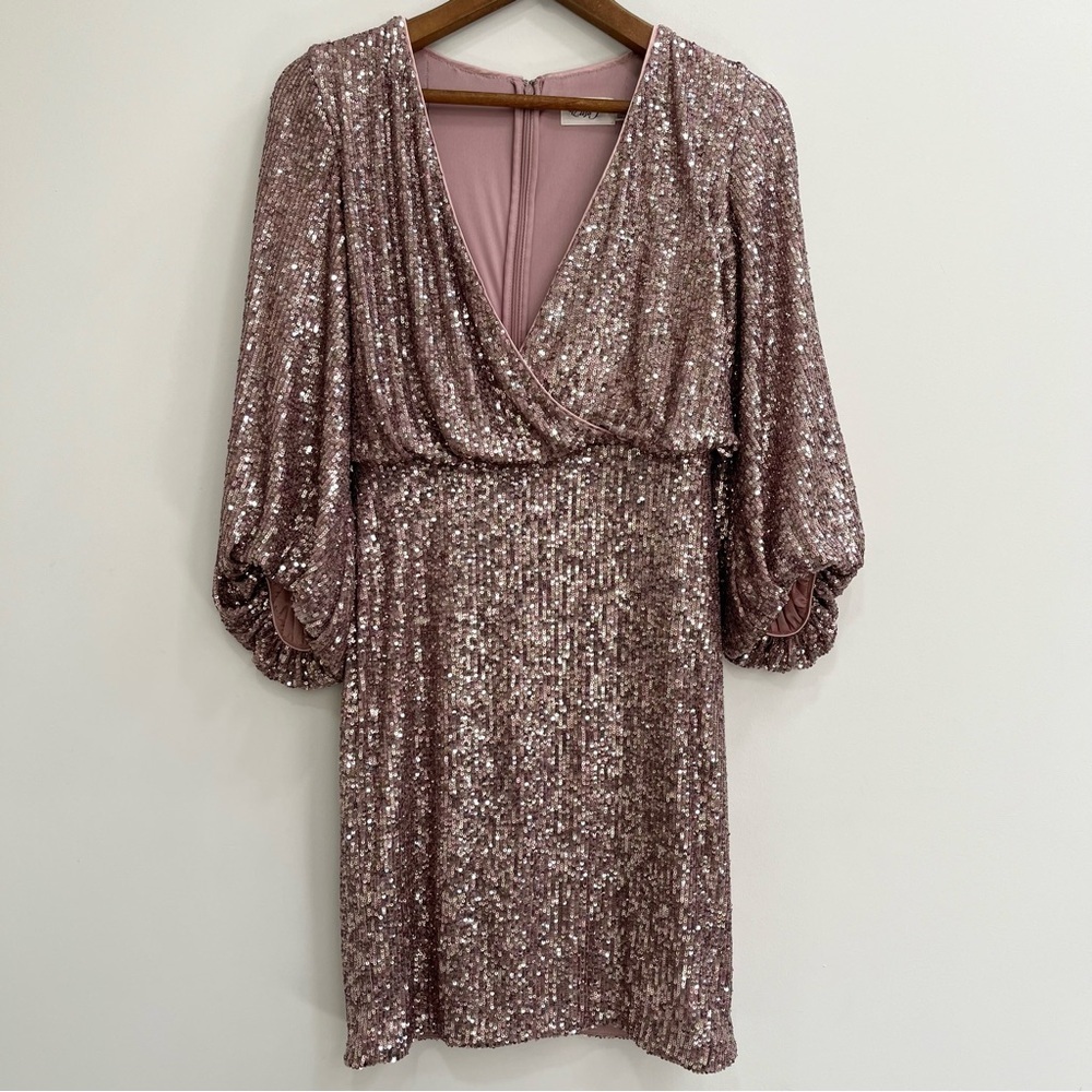 Eliza J Sequin Balloon Sleeve Cocktail Dress Rose Gold Size 4